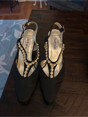 Black Slingback Heels with Gold Crystal T-Strap